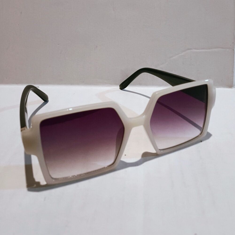 Womens Oversized Flat Top Square Sunglasses-Violet Lenses-White-Black-Gold Detai